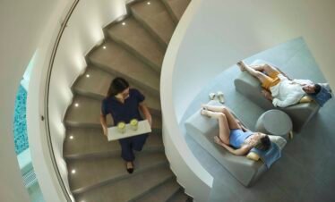 Spiral staircase with modern architectural design leading to longevity spa in the algarve