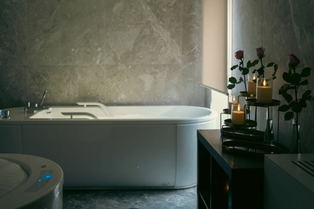 Modern bathroom interior at luxury wellness retreat Portugal.