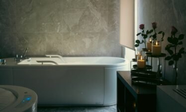 Modern bathroom interior at luxury wellness retreat Portugal.