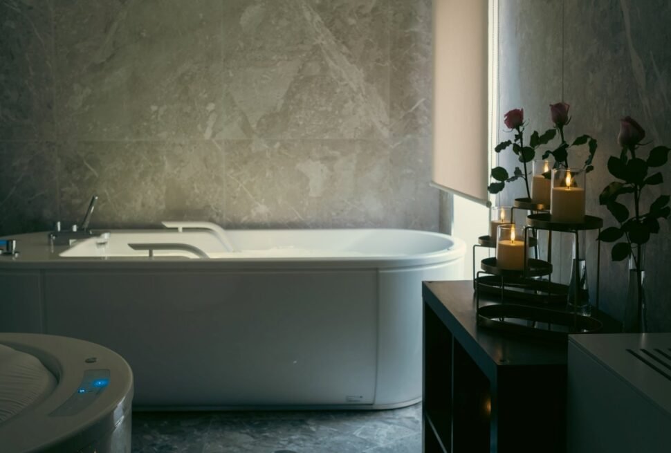 Modern bathroom interior at luxury wellness retreat Portugal.
