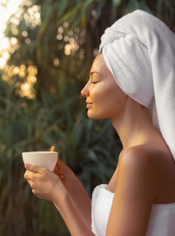 Woman in bathrobe drinking herbal tea in garden in health retreat portugal